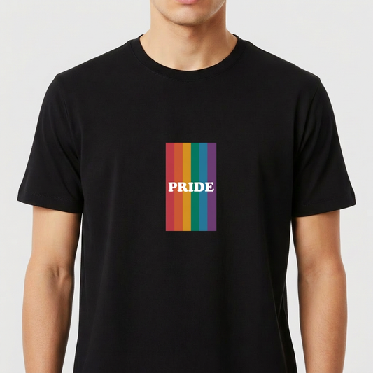 Camiseta com estampa frontal de listras verticais em seis tons diferentes e a palavra "PRIDE" centralizada em uma fonte de destaque.