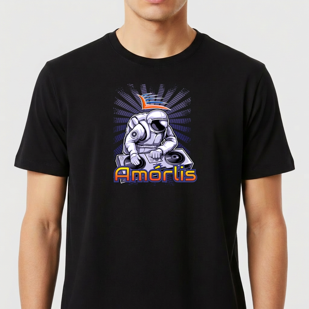 Camiseta com estampa frontal de astronauta como DJ em uma mesa de som, com nome escrito abaixo e elementos gráficos de raios atrás.