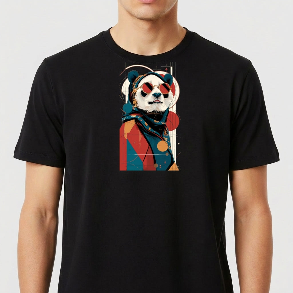 Camiseta com estampa frontal de panda estilizado usando óculos de sol, lenço no pescoço, sobre fundo geométrico com círculos e linhas abstratas.