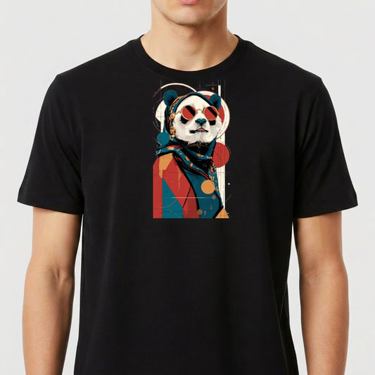 Camiseta com estampa frontal de panda estilizado usando óculos de sol, lenço no pescoço, sobre fundo geométrico com círculos e linhas abstratas.