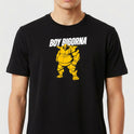 Camiseta com estampa frontal de personagem musculoso estilo cartoon, usando máscara e cinto com inicial "B", acompanhado do texto "BOY BIGORNA".