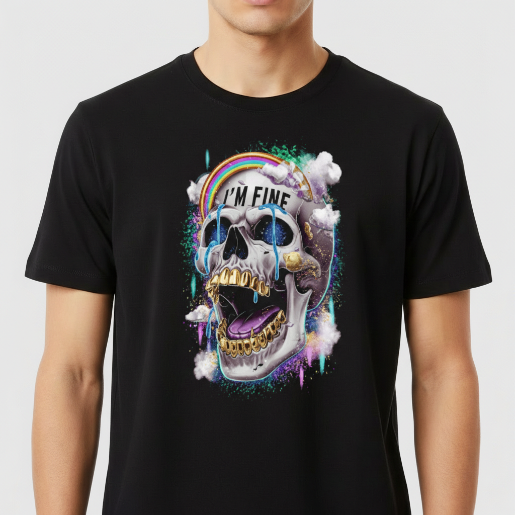 Camiseta com estampa frontal de caveira estilizada com dentes dourados, arco-íris, nuvens e texto "I'M FINE", cercada por efeitos de pintura colorida.