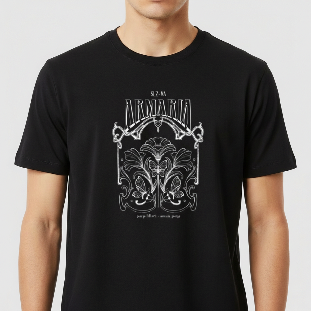 Camiseta com estampa frontal de letras estilizadas e elementos ornamentais detalhados, incluindo formas de folhas simétricas e curvas decorativas.