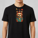 Camiseta com estampa frontal de um panda estilizado usando óculos e roupas coloridas, ornado com padrões geométricos e elementos circulares.