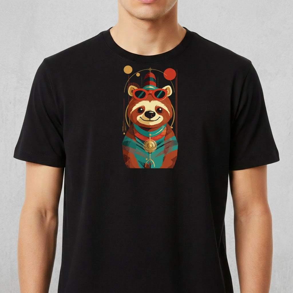 Camiseta com estampa frontal de um panda estilizado usando óculos e roupas coloridas, ornado com padrões geométricos e elementos circulares.