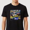 Camiseta com estampa frontal de montagens automotivas, incluindo um carro de corrida, um piloto ao lado e as palavras "Born to Drive" em destaque.