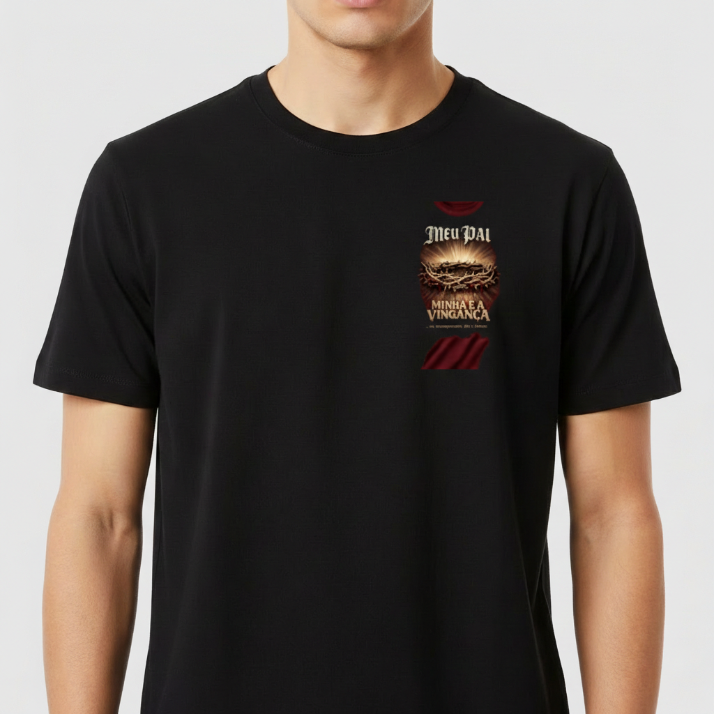 Camiseta com estampa frontal de coroa de espinhos acima da frase "Meu Pai Minha É a Vingança" e estampa traseira menor com coroa de espinhos.