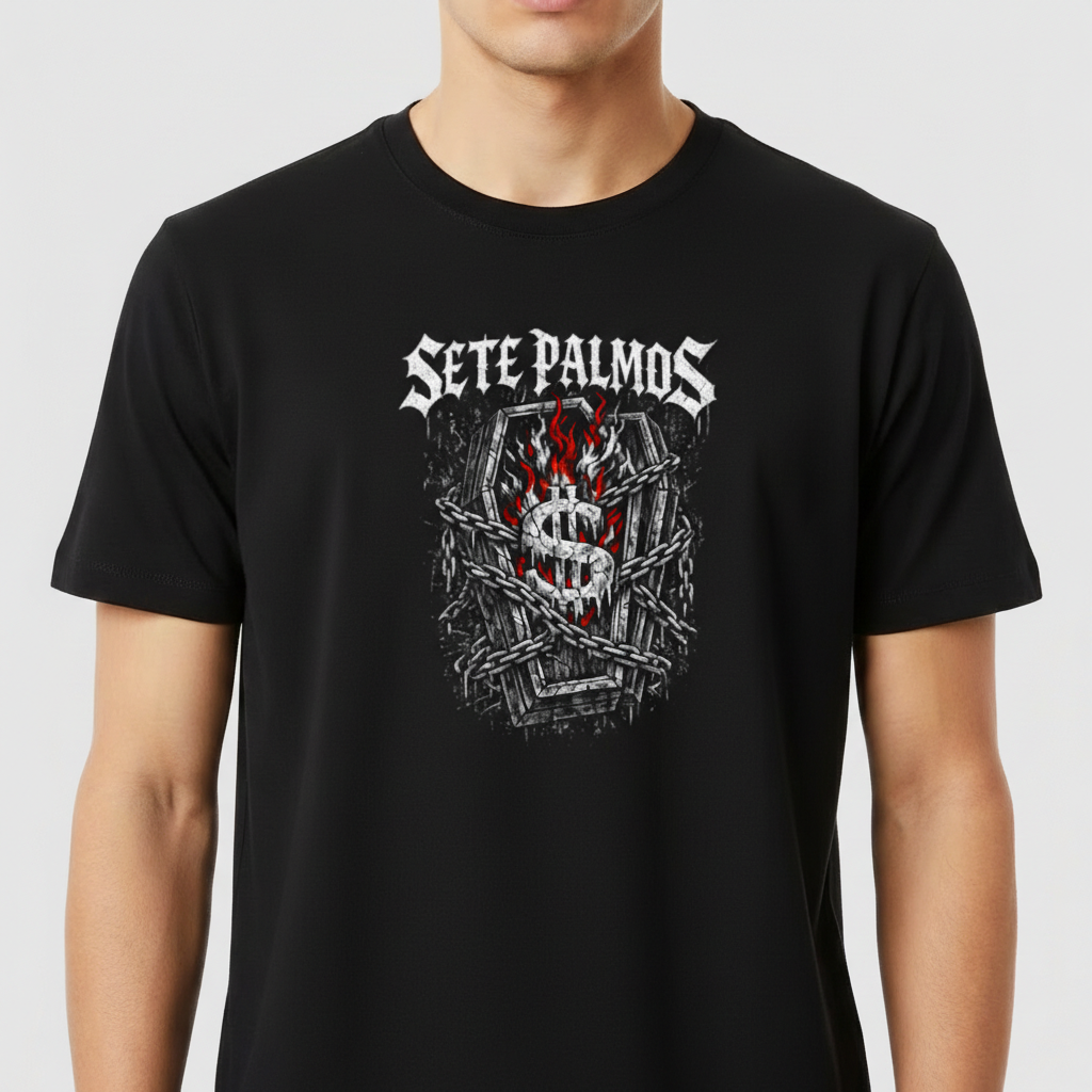 Camiseta com estampa frontal de logotipo estilizado rodeado por espinhos e chamas, e estampa traseira com texto impactante de mensagem sobre excesso.
