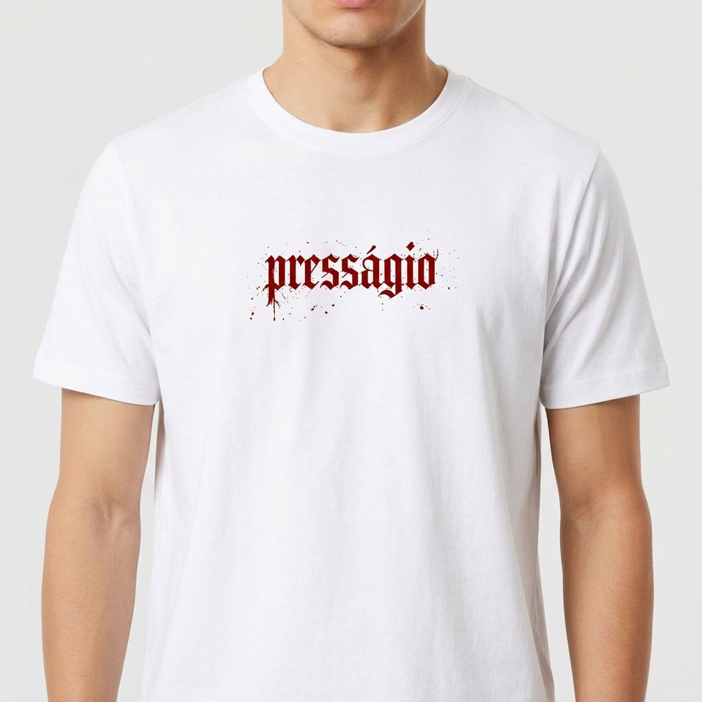Camiseta com estampa frontal de texto estilizado "presságio" em fonte gótica e estampa traseira de círculo com inscrição "Maffie Records" em estilo artístico.