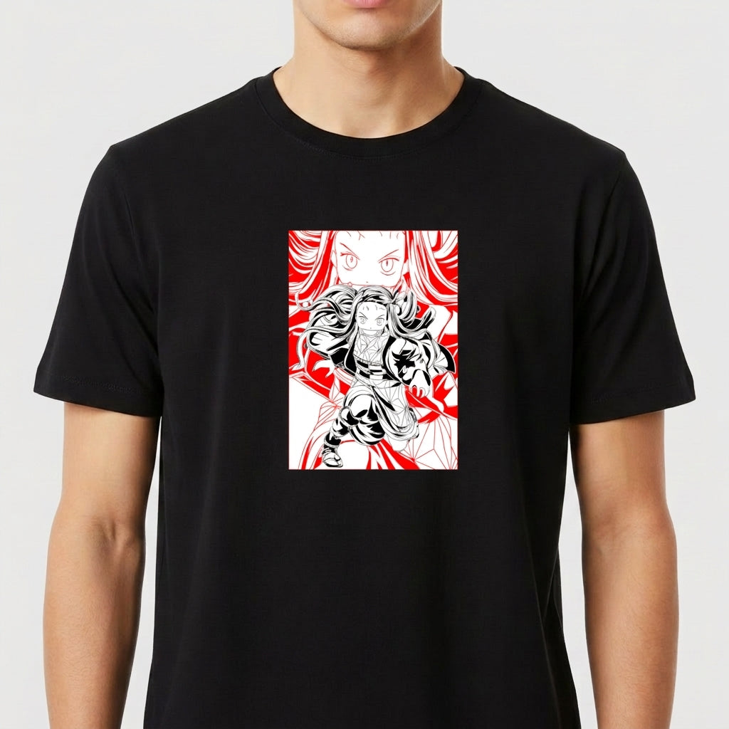 Camiseta com estampa frontal de personagem em estilo mangá, com detalhes de cabelo e olhos expressivos, em meio a formas geométricas dinâmicas.
