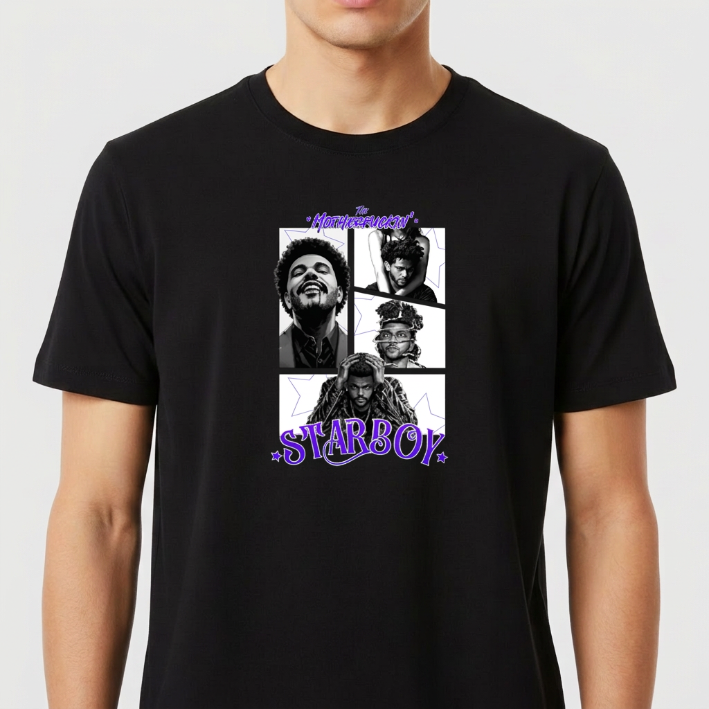 Camiseta com estampa frontal de quatro retratos em quadrinhos de um artista musical, acompanhada do texto estilizado "Starboy" e "House of Balloons".