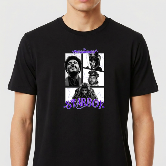 Camiseta com estampa frontal de quatro retratos em quadrinhos de um artista musical, acompanhada do texto estilizado "Starboy" e "House of Balloons".