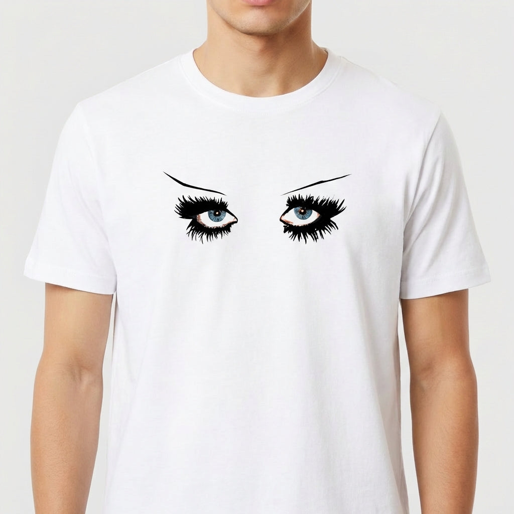 Camiseta com estampa frontal de olhos expressivos detalhados com cílios marcantes e estampa traseira de texto estilizado "CHAPPELL ROAN".