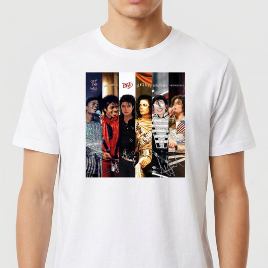 Camiseta com estampa frontal de colagem de imagens retratando várias fases de um artista, com álbuns icônicos e poses distintas em sequência.