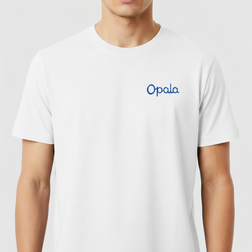 Camiseta com estampa frontal de "Opala" em fonte estilizada e estampa traseira de carro clássico com a palavra "Opala" em destaque acima.