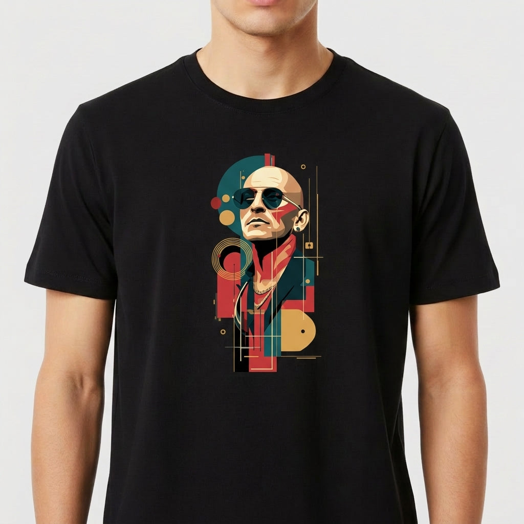 Camiseta com estampa frontal de ilustração geométrica e abstrata de um homem usando óculos escuros e cachecol, com elementos circulares e linhas.