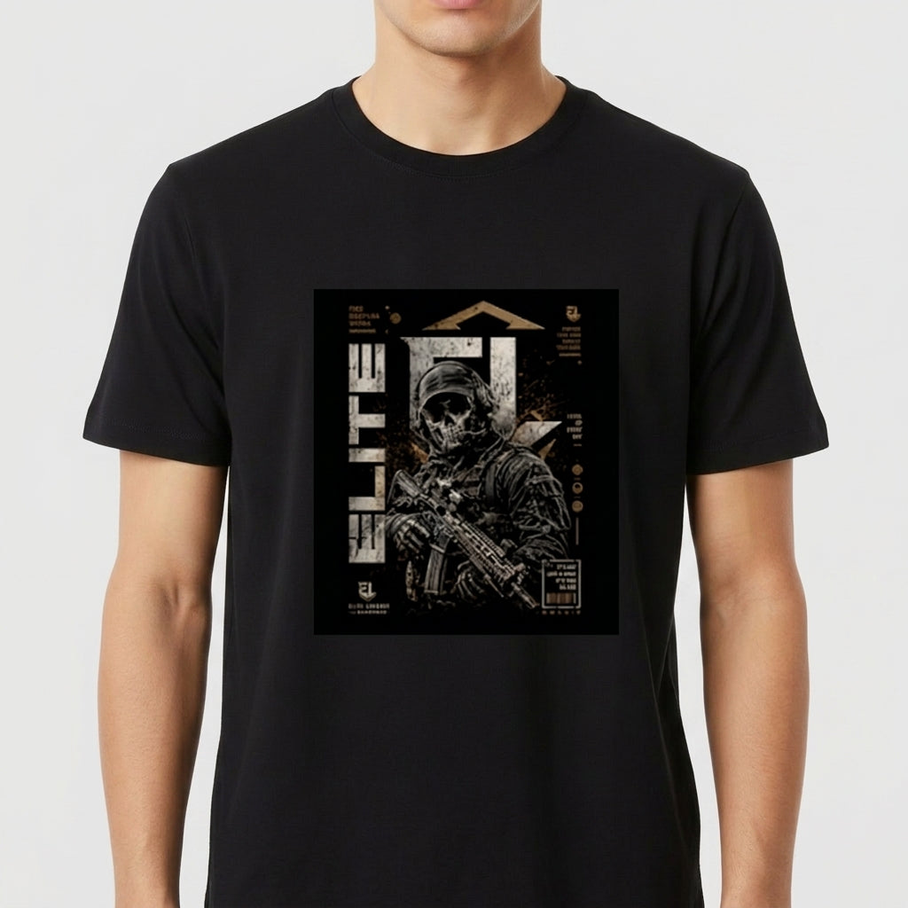 Camiseta com estampa frontal de soldado usando capacete e óculos escuros, empunhando um rifle, sobreposto à palavra "ELITE" em estilo gráfico moderno.