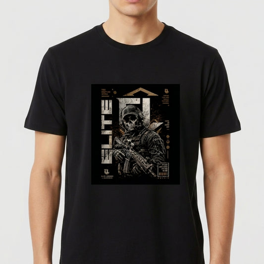 Camiseta com estampa frontal de soldado usando capacete e óculos escuros, empunhando um rifle, sobreposto à palavra "ELITE" em estilo gráfico moderno.