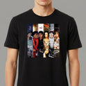 Camiseta com estampa frontal de montagens de diferentes álbuns de um famoso artista musical, com colagem de capas e retratos icônicos de várias fases.