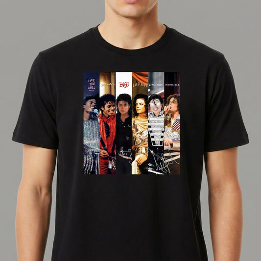 Camiseta com estampa frontal de montagens de diferentes álbuns de um famoso artista musical, com colagem de capas e retratos icônicos de várias fases.