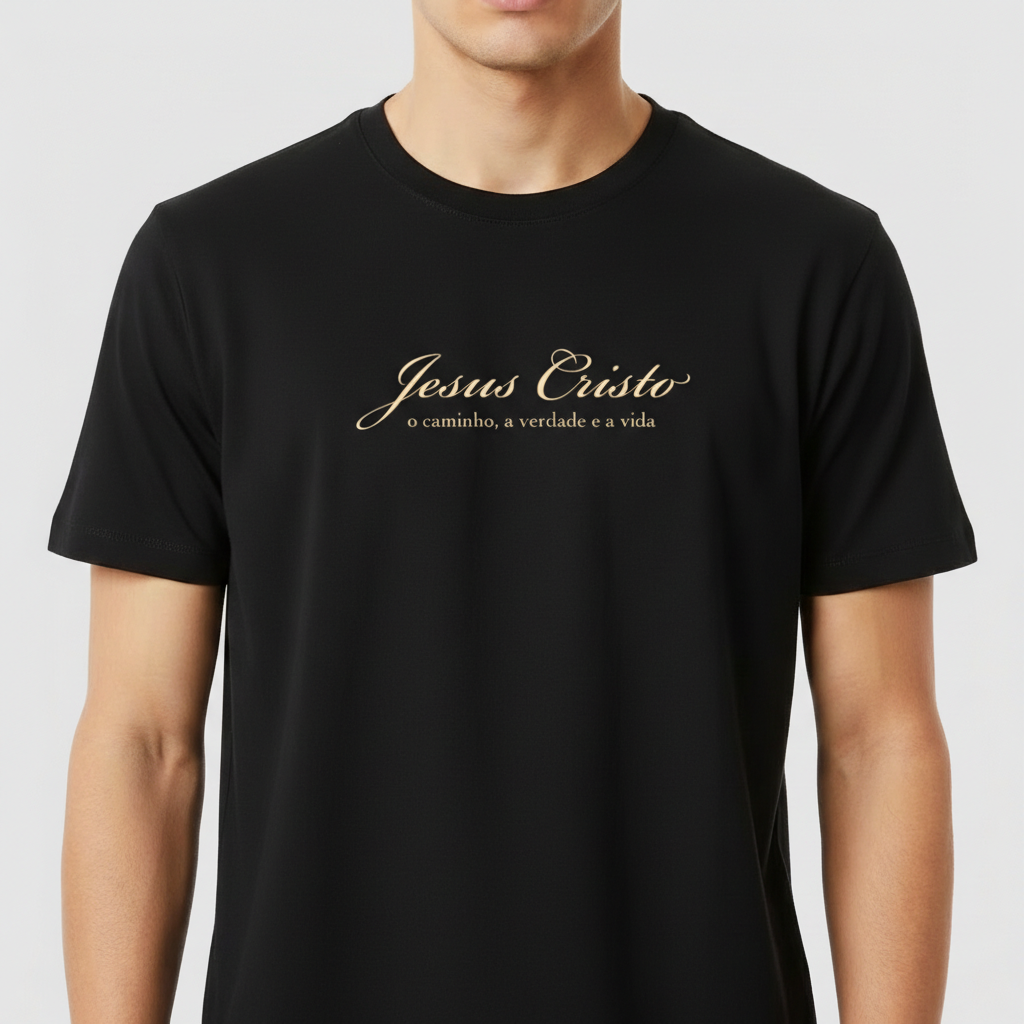 Camiseta com estampa frontal de "Jesus Cristo" em fonte cursiva, seguida da frase "o caminho, a verdade e a vida" em estilo tipográfico discreto.