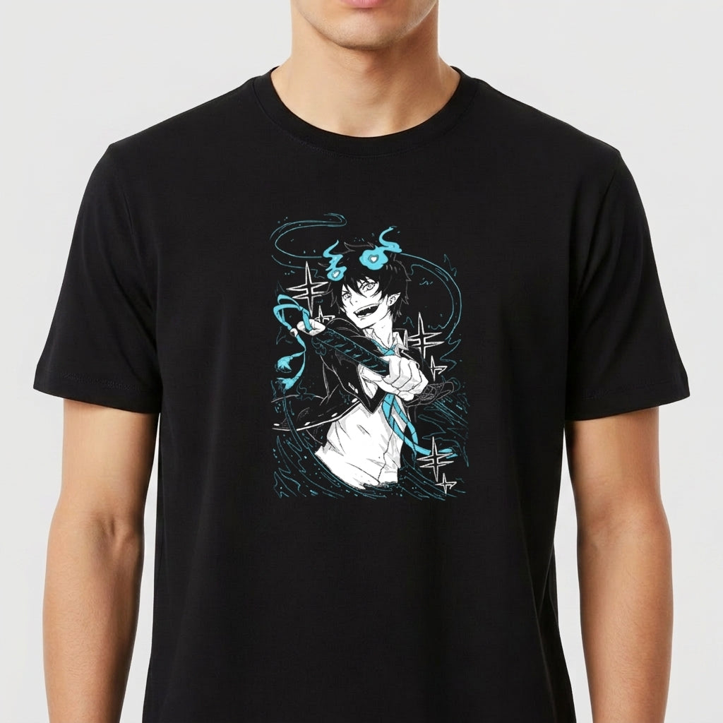 Camiseta com estampa frontal de personagem estilizado em ação, rodeado por elementos gráficos dinâmicos e energia fluindo, destacando sua postura confiante.