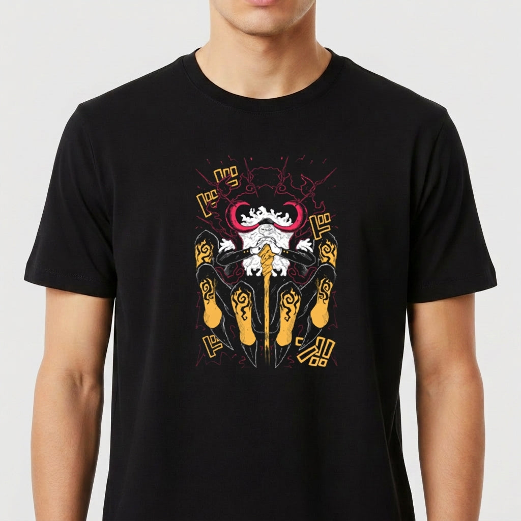 Camiseta com estampa frontal de calopsita ninja empunhando espadas amarelas, com detalhes de símbolos místicos e fundo de raios em estilo quadrinhos.