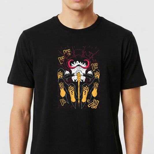 Camiseta com estampa frontal de calopsita ninja empunhando espadas amarelas, com detalhes de símbolos místicos e fundo de raios em estilo quadrinhos.