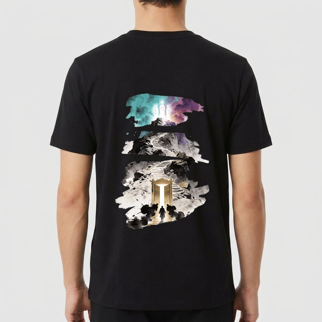 Camiseta com estampa frontal de um braço segurando uma coroa e estampa traseira de um portal rodeado por paisagens oníricas em um estilo artístico abstrato.