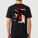 Camiseta com estampa frontal de carro esportivo em várias perspectivas, com textos estilizados, incluindo "F40", "Born to Race" e "Stay Inspired".