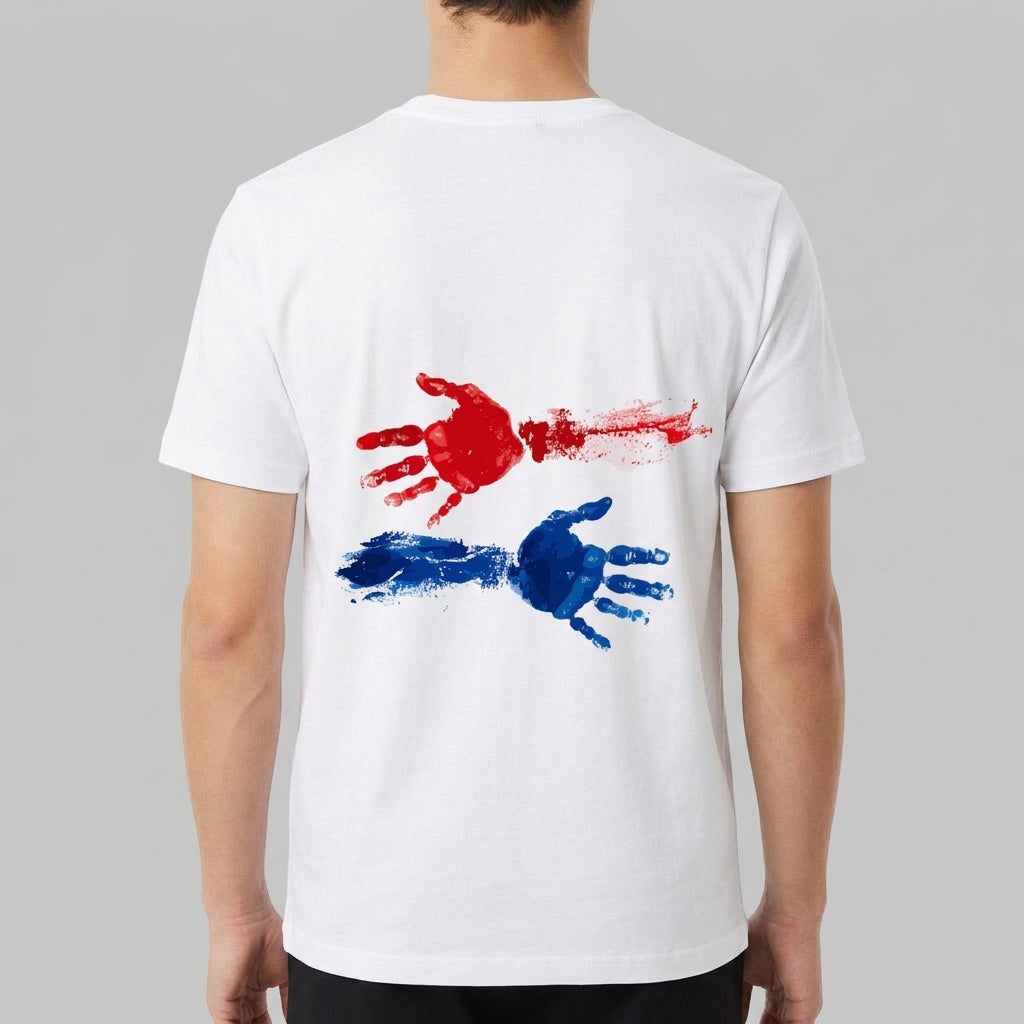 Camiseta com estampa frontal de coração formado por peças de quebra-cabeça com palavras em torno e estampa traseira de duas mãos em impressão artística.