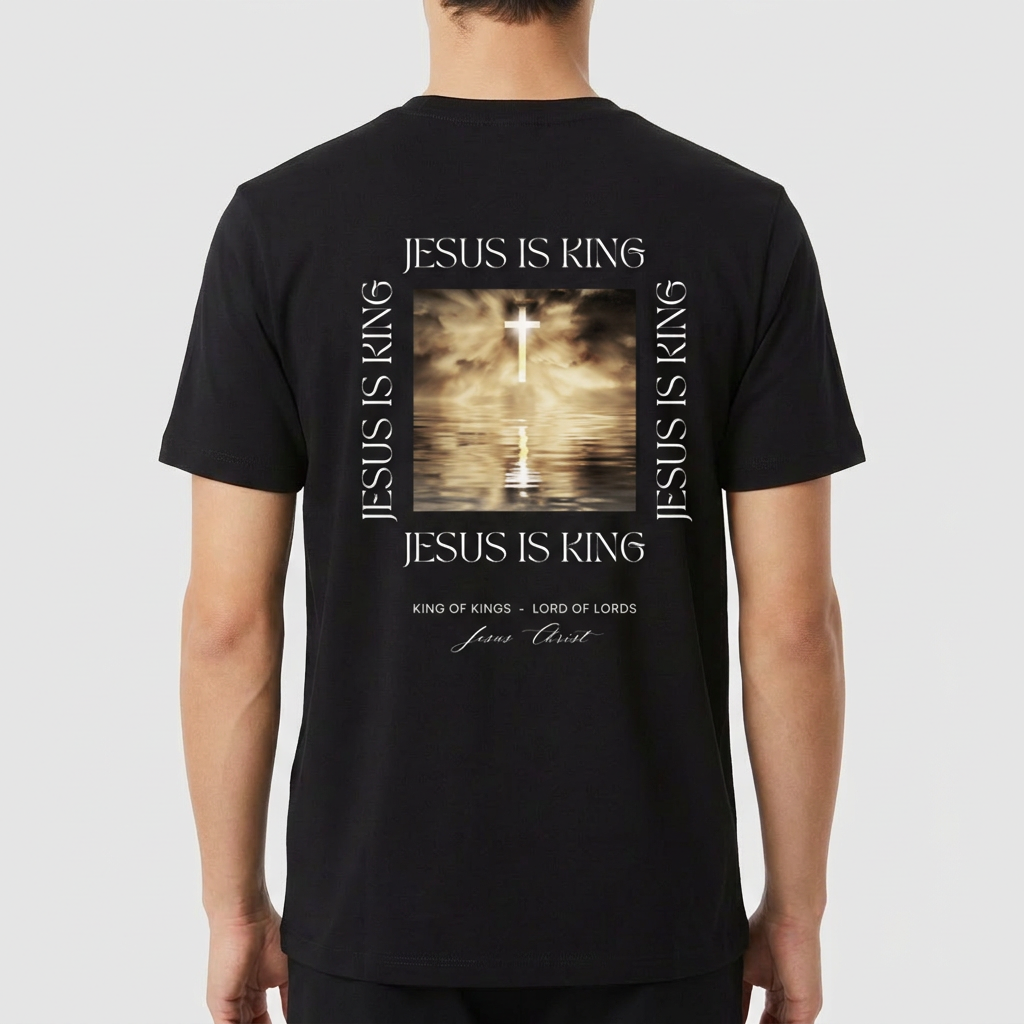 Camiseta com estampa frontal de "Jesus is King" decorada com uma coroa e estampa traseira apresentando cruz refletida na água com "Jesus is King".