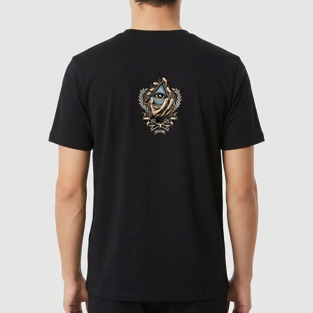 Camiseta com estampa frontal de letras estilizadas com coroa acima e estampa traseira de olho dentro de símbolo triangular com elementos florais ao redor.