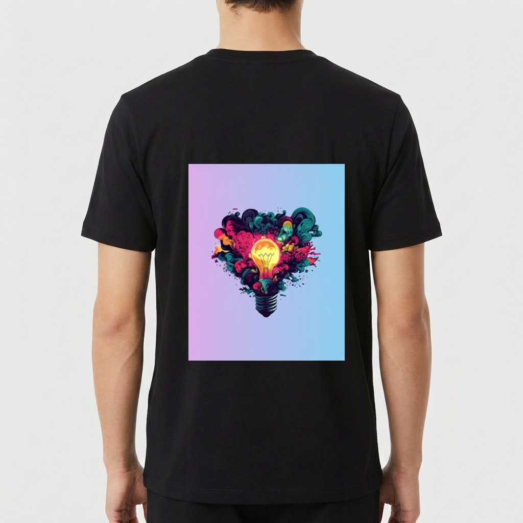 Camiseta com estampa frontal de retângulo gradiente e estampa traseira de lâmpada rodeada por explosão de cores vibrantes em fundo gradiente.