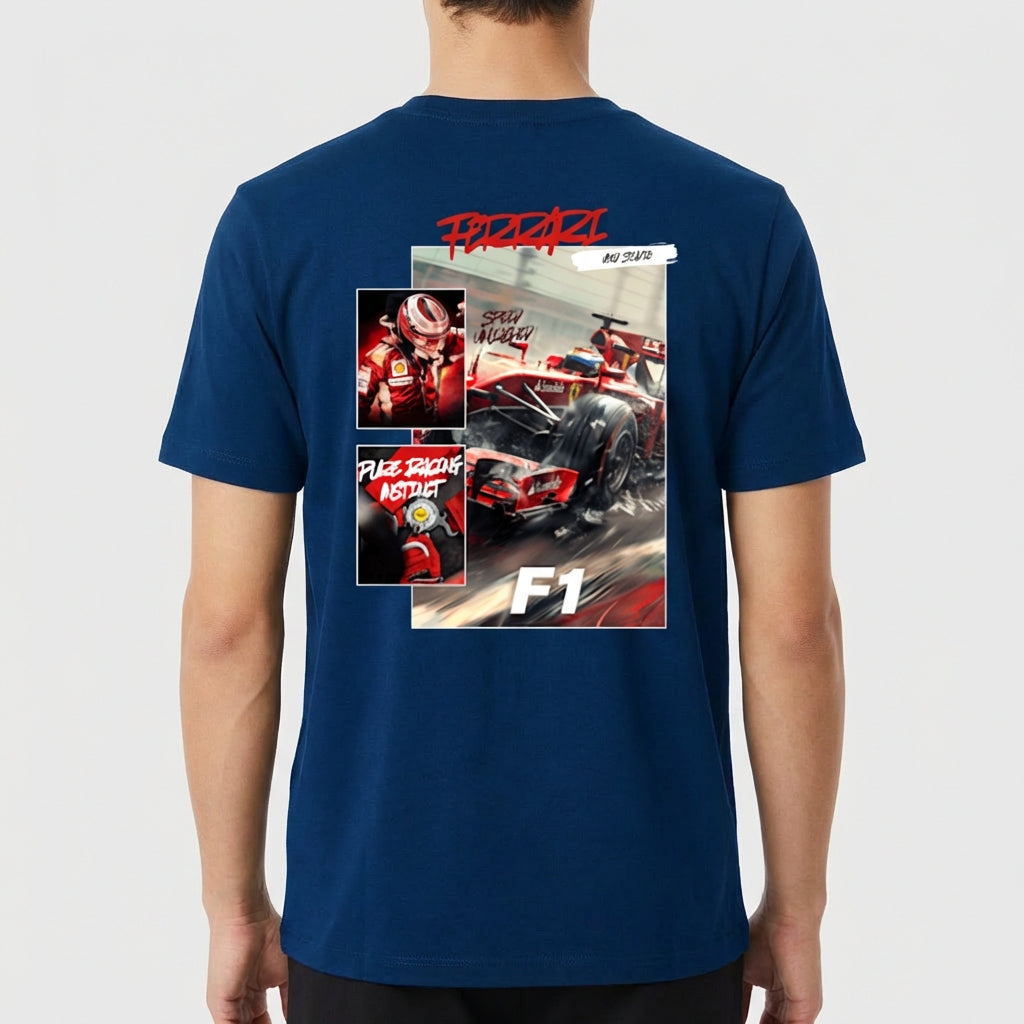 Camiseta com estampa frontal de carro de corrida em ação, piloto destacado em dois quadros laterais com textos estilizados e logotipo F1 abaixo.