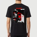 Camiseta com estampa traseira de carro esportivo F40 em perspectiva de cima, com detalhes de rodas e frase "Born to Race" em estilo gráfico moderno.