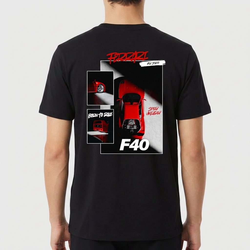 Camiseta com estampa traseira de carro esportivo F40 em perspectiva de cima, com detalhes de rodas e frase "Born to Race" em estilo gráfico moderno.