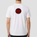 Camiseta com estampa frontal de texto estilizado "presságio" em fonte gótica e estampa traseira de círculo com inscrição "Maffie Records" em estilo artístico.
