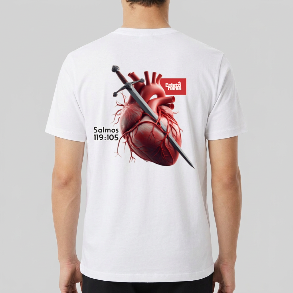 Camiseta com estampa frontal de coração e linha de batimentos e estampa traseira de coração anatômico atravessado por espada e texto "Salmos 119:105".