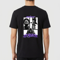 Camiseta com estampa frontal de três estrelas sobrepostas de tamanhos variados e estampa traseira de colagem fotográfica artística com texto "Starboy".