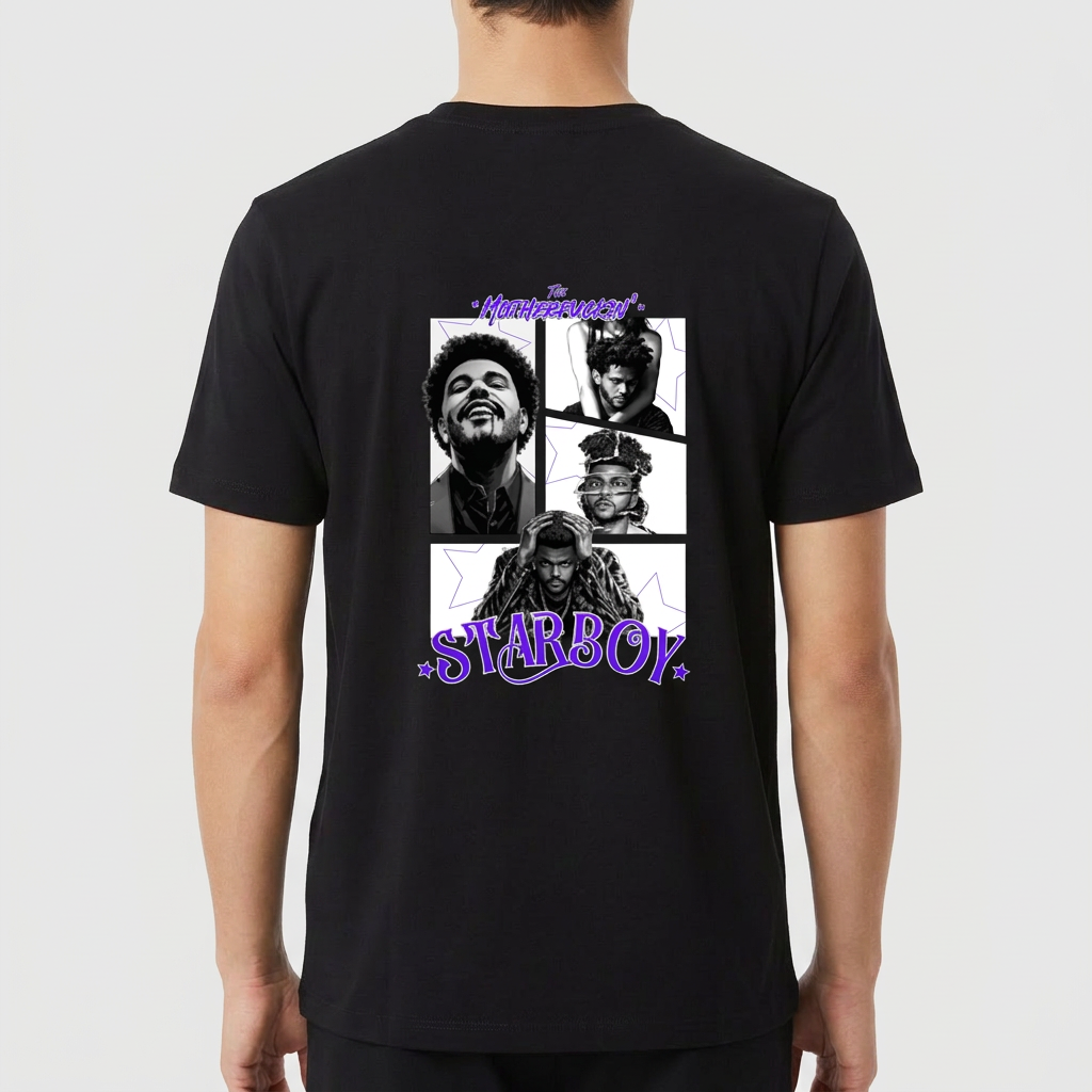 Camiseta com estampa frontal de três estrelas sobrepostas de tamanhos variados e estampa traseira de colagem fotográfica artística com texto "Starboy".
