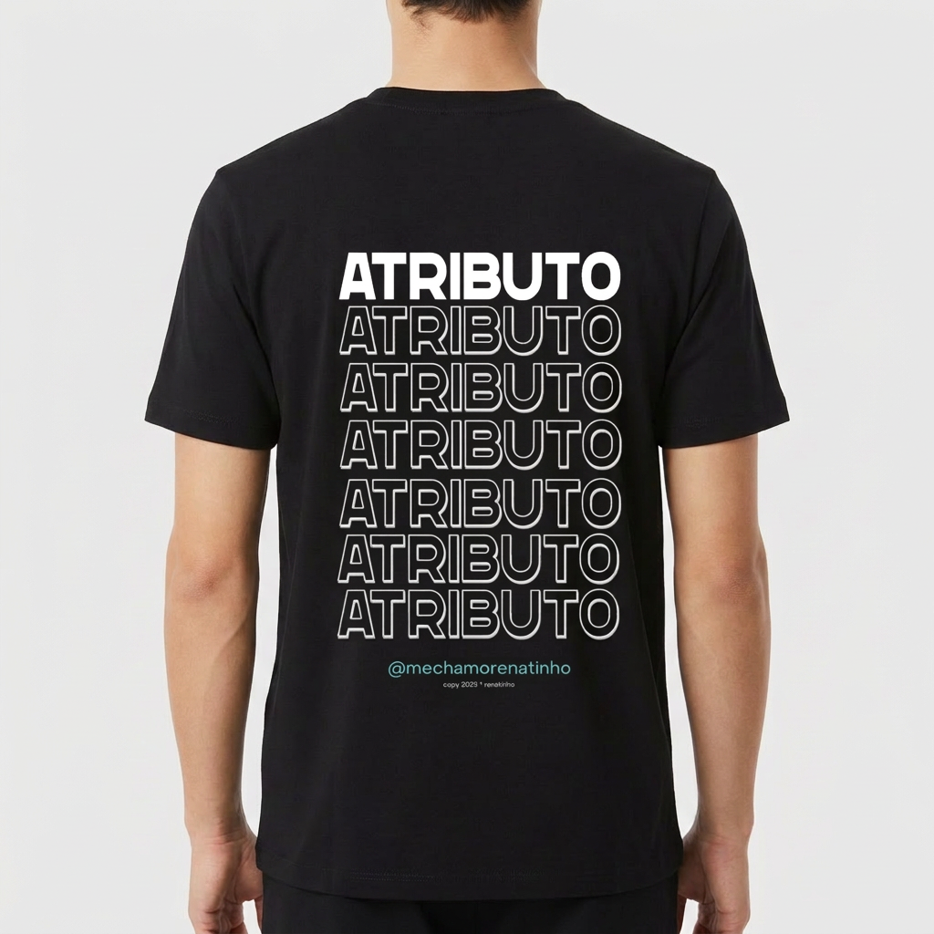 Camiseta com estampa frontal de "ATRIBUTO" em estilo minimalista e estampa traseira repetitiva de "ATRIBUTO" com detalhe de perfil embaixo.