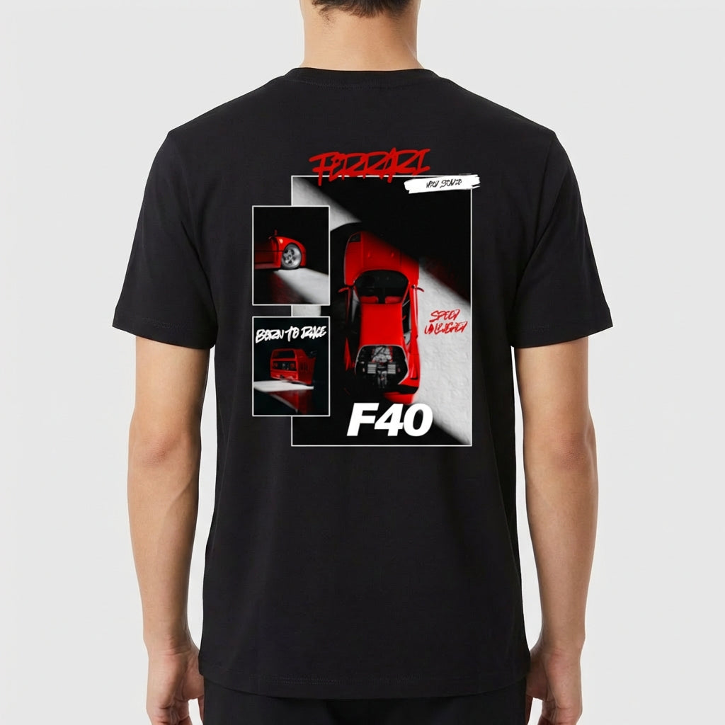 Camiseta com estampa traseira de carro esportivo F40, composta por vistas laterais, frontais e texto estilizado nas cores vermelha e branca.